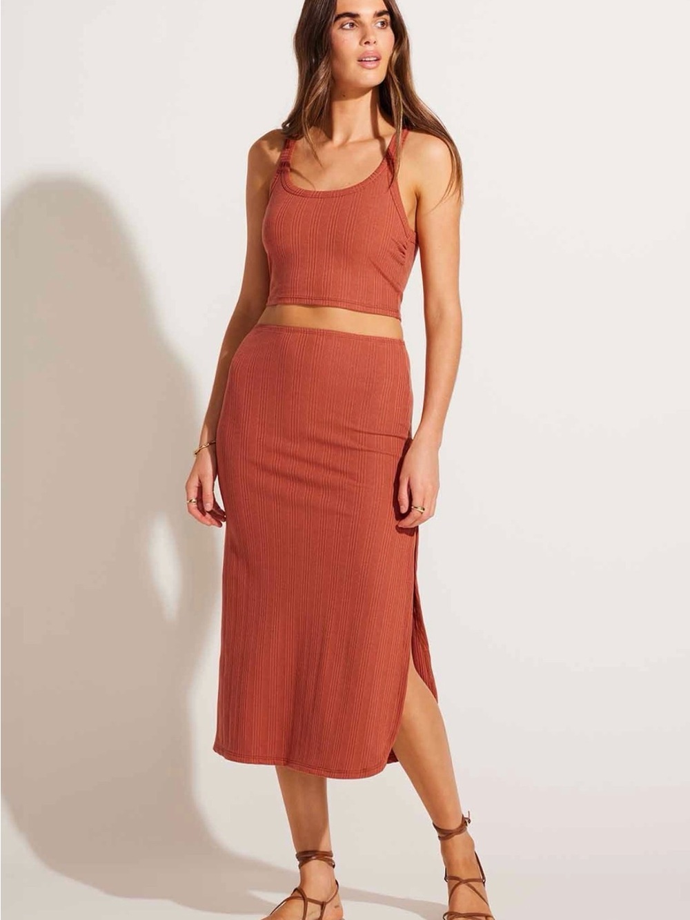 Vitamin A Ribbed Midi Skirt in Rust